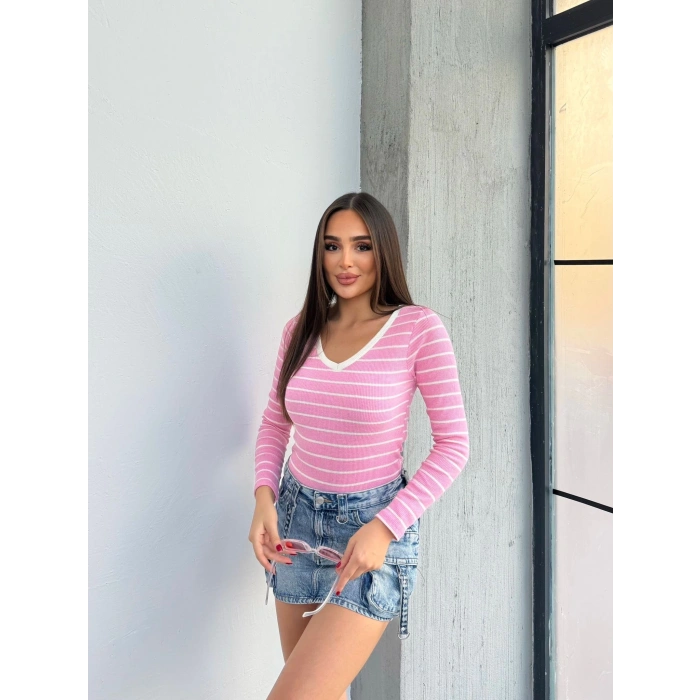 V yaka çizgili bluz pembe A3699