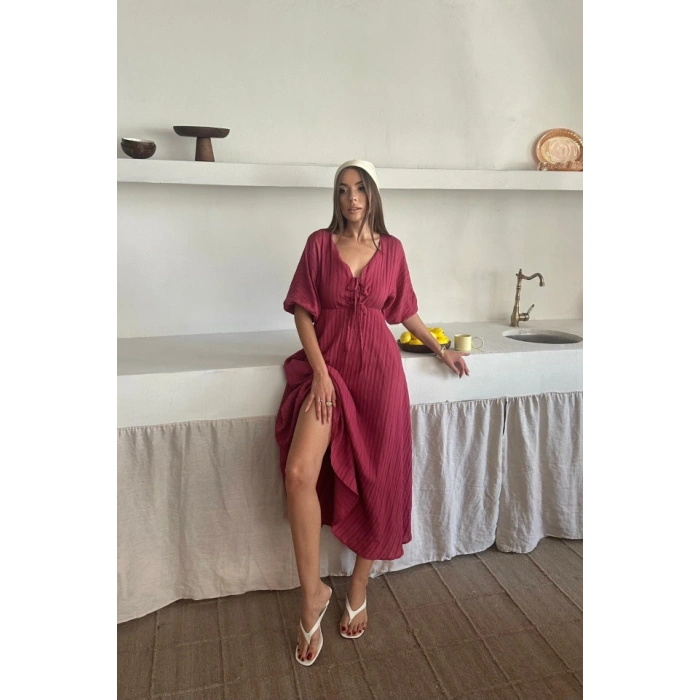 V YAKA DÖKÜMLÜ ELBİSE - Pembe