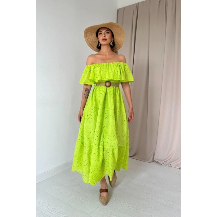 Yağ Yeşili Omzu Lastikli Brode Elbise