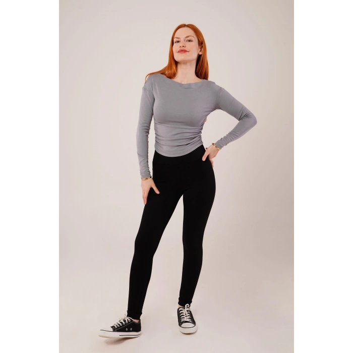 Yaka Detay Uzun Kollu Basic Gri Bluz