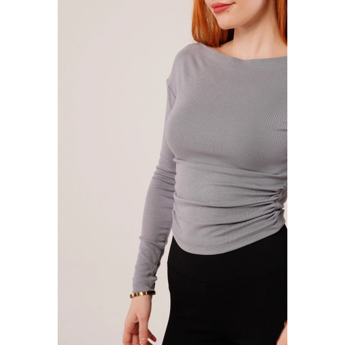 Yaka Detay Uzun Kollu Basic Gri Bluz