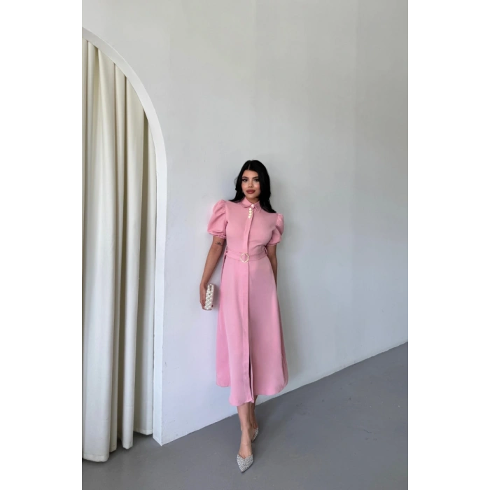 YAKA DÜĞME DETAYLI ELBİSE- Pembe