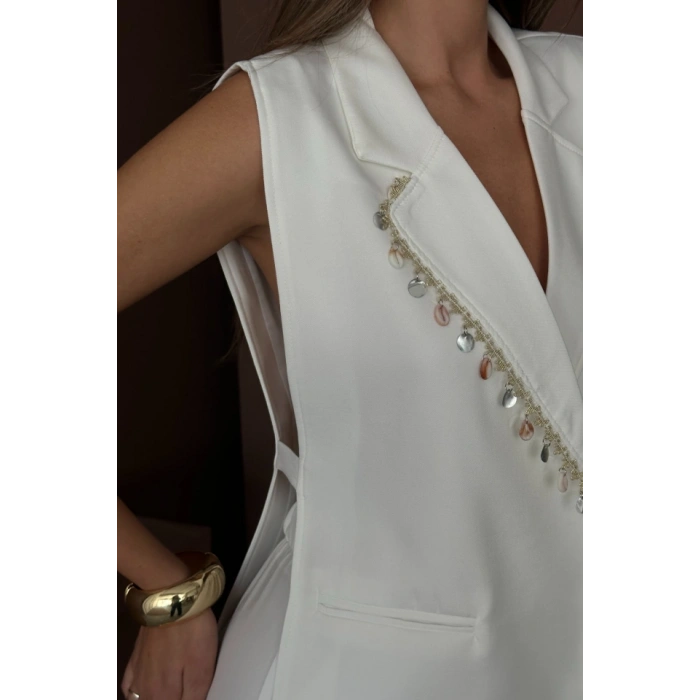 YAKA MİDYE KABUĞU SIRALI YELEK - PANTOLONTAKIM KETEN KUMAŞ - Beyaz