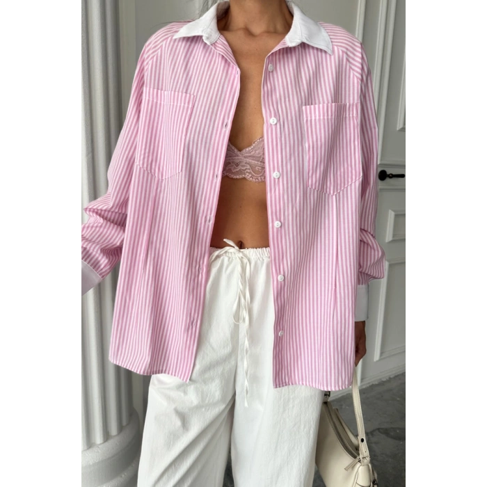 YAKA VE MANŞET BEYAZBOYFRİEND ÇİZGİLİPOPLİN GÖMLEK - Pembe