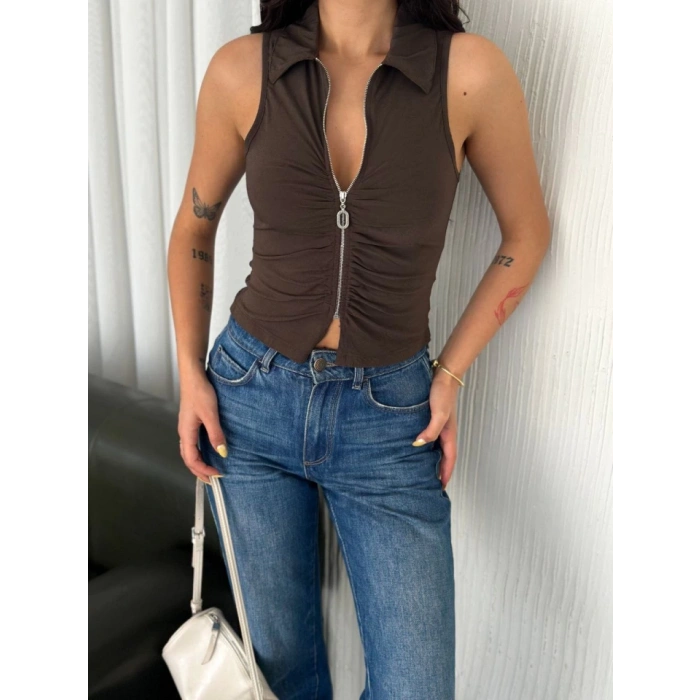 Yakalı Tam Fermuarlı Kolsuz Bluz - Kahverengi