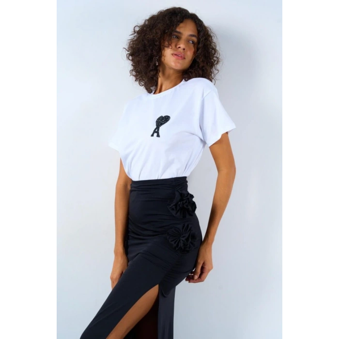 Yandan Büzgülü Güllü Etek - Siyah