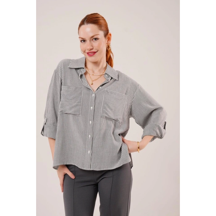 Yarasa Kol Çizgili Cep Detaylı Gri Gömlek
