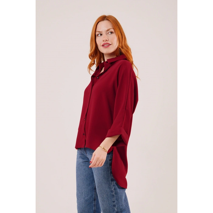 Yarasa Kol Rahat Kalıp Bordo Gömlek
