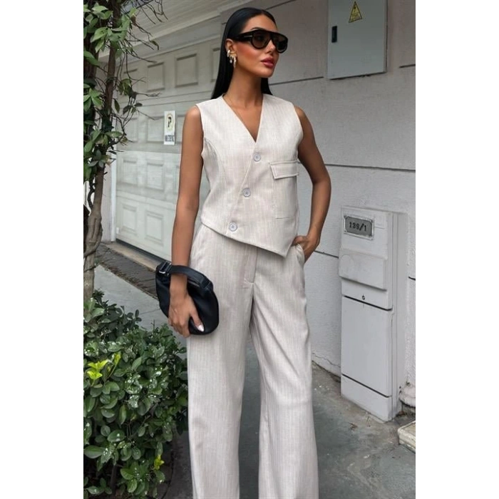 Yeleği Çapraz Detay Düğmeli Cepli Yelekli Takım 10150