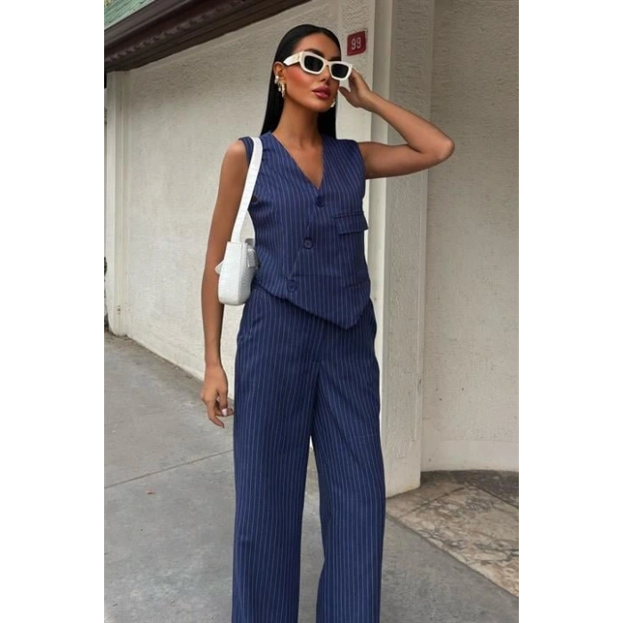 Yeleği Çapraz Detay Düğmeli Cepli Yelekli Takım 10150