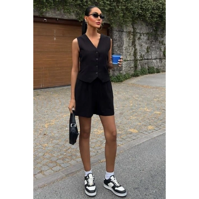 Yelek Şort Flamlı Keten Takım 10133-17