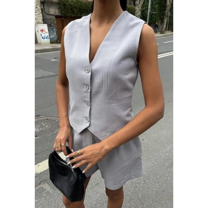 Yelek Şort Flamlı Keten Takım 10133-17