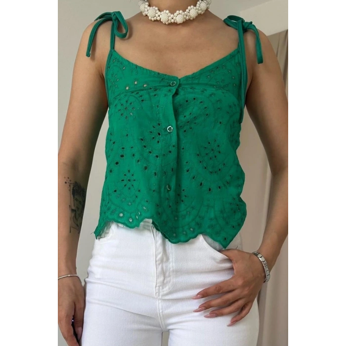 Yeşil Bağcıklı Brode Bluz