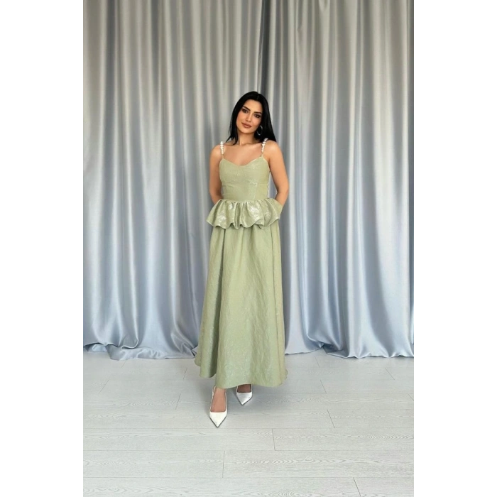 Yeşil Beli Büzgülü İnci Askılı Uzun Elbise
