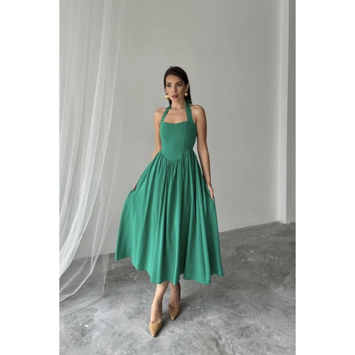 Yeşil Boyundan Bağlamalı Keten Elbise