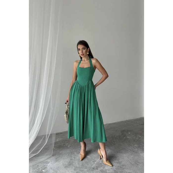 Yeşil Boyundan Bağlamalı Keten Elbise