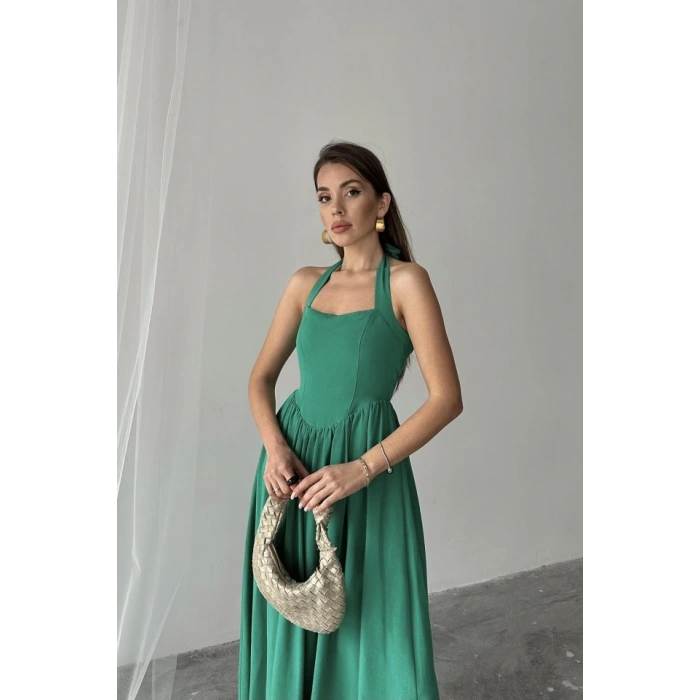 Yeşil Boyundan Bağlamalı Keten Elbise