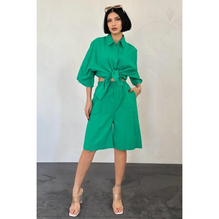 Yeşil Kısa Kollu Keten Gömlek Ve Şort Takım