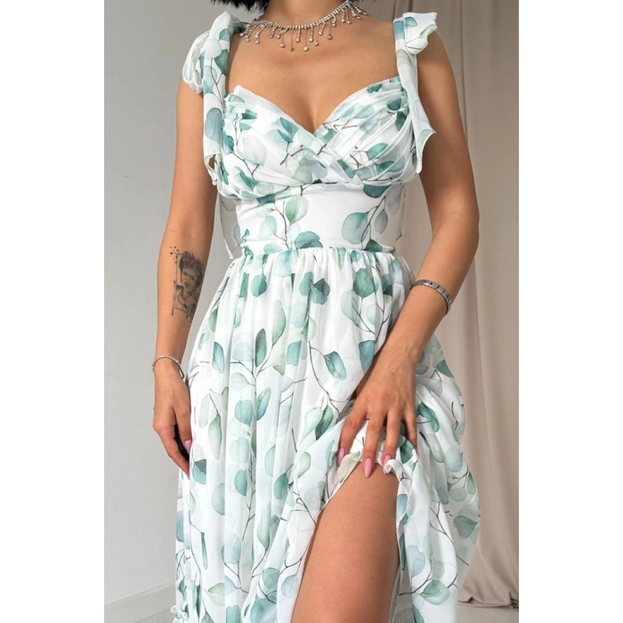 Yeşil Şifon Drapeli Elbise