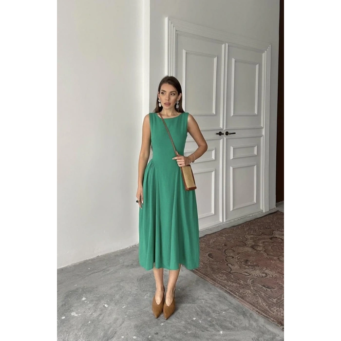 Yeşil Yanları Büzgülü Midi Boy Keten Elbise