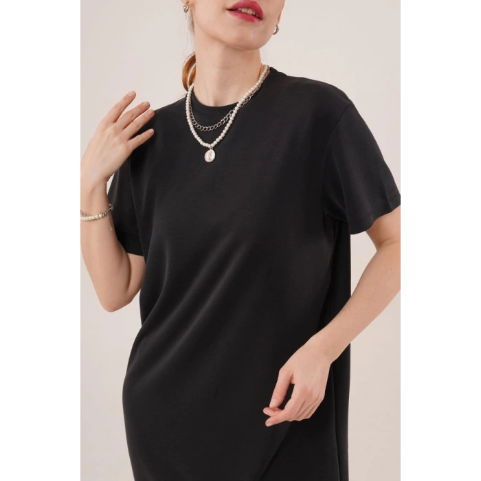 Yırtmaç Detaylı Kısa Kollu Salaş Maxi Siyah Elbise