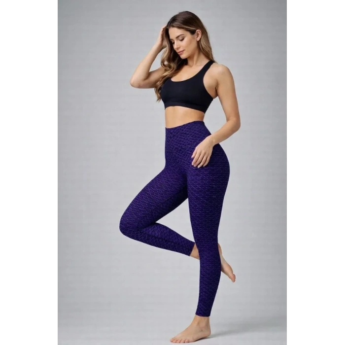 Yüksek Bel Toparlayıcı Likralı Büzgülü Tayt - Mavi