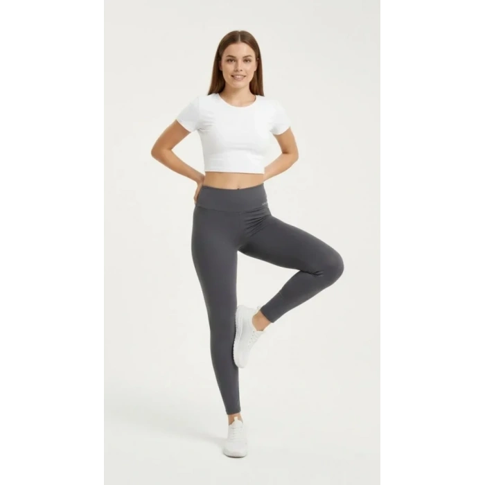 Yüksek Bel Toparlayıcı Likralı Dalgıç Spor Tayt Esnek Rahat Kalıp - Füme