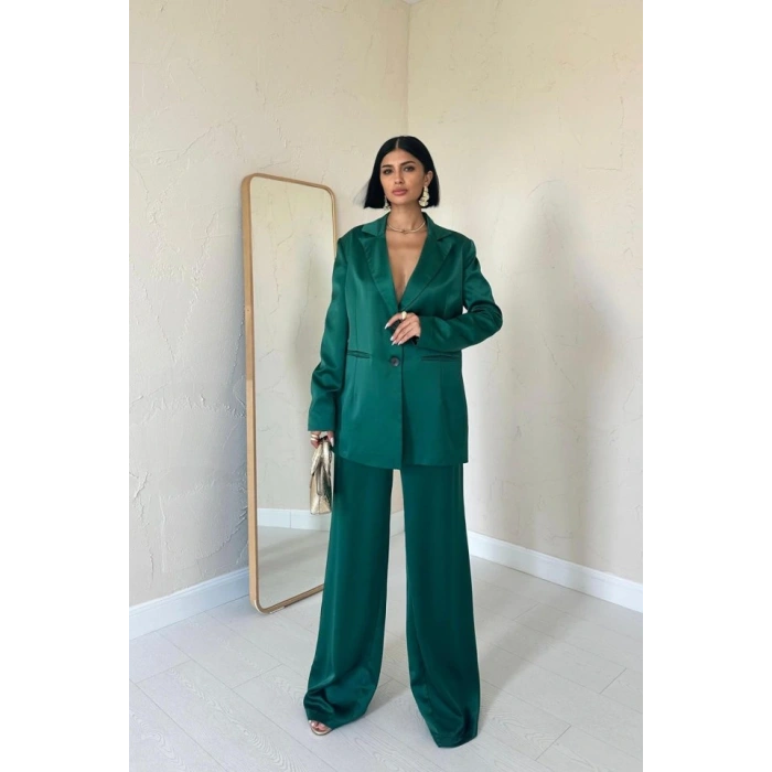 Zümrüt Saten Ceket Ve Pantolon Takım