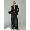 Siyah Kol Ucu Tüylü Ceket - Pantolon Takım