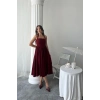 Bordo Boyundan Bağlamalı Keten Elbise