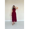 Bordo Önü Büzgülü Fırfırlı Elbise
