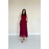 Bordo Önü Büzgülü Fırfırlı Elbise