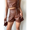 Çift fermuarlı deri şort kahve h24394
