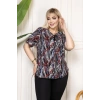 Desenli Püsküllü Viskon Bluz Bebe Yaka Kısa Kollu Big Size Rahat Kesim - Desenli