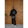 Erkek Kapüşonlu Eşofman Takım Graffiti Baskılı Oversize Rahat Kalıp, Kanguru Cepli, Streetwear Tarzında Premium Ürün 3 Iplik Pamuklu - Siyah
