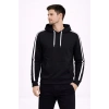 Erkek Şeritli Kapüşonlu Sweatshirt Oversize 3 Iplik Pamuklu - Siyah