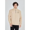 Erkek Yarım Fermuarlı Baskılı Sweat - Bej