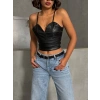 İp askılı yandan fermuarlı rastale deri crop siyah s24113
