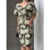 Kadın Dalgıç Kumaş V Yaka çiçek Desenli Kuşaklı Kalem Elbise
