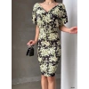 Kadın Dalgıç Kumaş V Yaka çiçek Desenli Kuşaklı Kalem Elbise