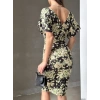 Kadın Dalgıç Kumaş V Yaka çiçek Desenli Kuşaklı Kalem Elbise