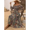 Kadın Düşük Omuzlu Beli Büzgülü Dijital Desenli Kesik Elyaf Süprem Uzun Elbise