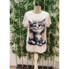 Kadın Kısa Kollu Bisiklet Yaka Kedi Baskılı Süprem Bluz