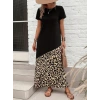 Kadın Kısa Kollu Bisiklet Yaka Leopar Detaylı Midi üst Viskon Alt Süprem Elbise