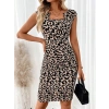 Kadın Kısa Kollu Kare Yakalı Leopar Desenli Dalgıç Elbise