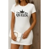 Kadın Kısa Kollu Queen Baskı Iki Iplik Mini Elbise