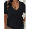 Kadın Kısa Kollu V Yaka Fitilli Kaşkorse Bluz