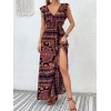 Kadın Kısa Kollu V Yakalı Deseni Yırtmaçlı Süprem Elbise