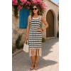 Kadın Kolsuz V Yaka Eteği Püsküllü çizgi Desen Triko Elbise