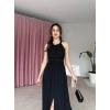 Kadın Krinkil Kumaş Beli Gipeli Halter Yaka Maxi Boy Elbise